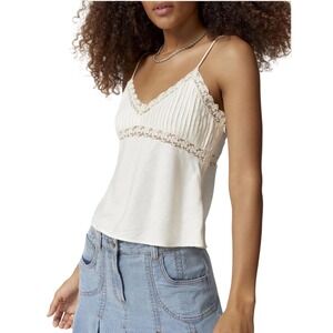Urban Outfitters Margot Lace-Inset Cami Cream Floral Jacquard Pleated Top Large